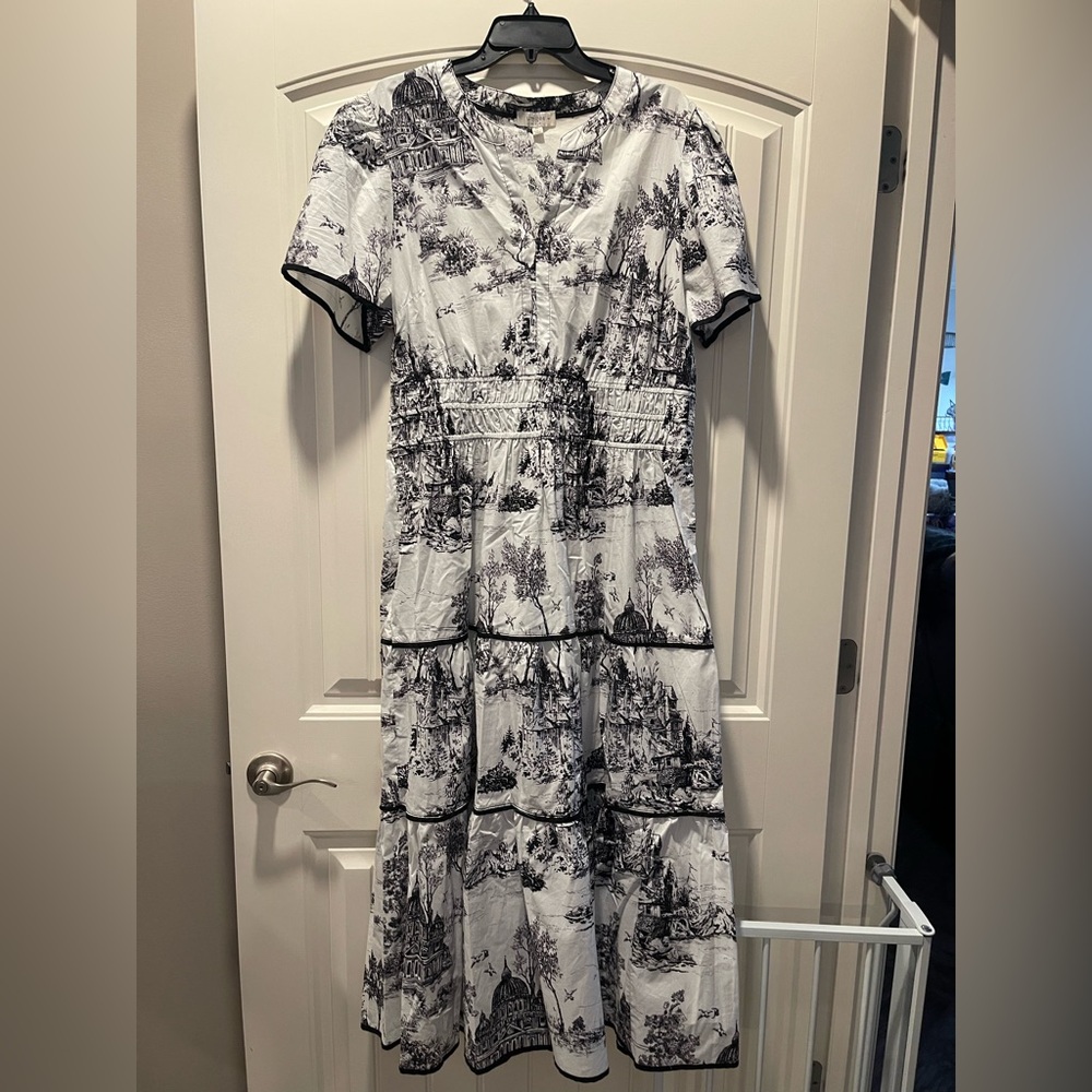 Umgee Black & White Scenic Tiered Midi Dress